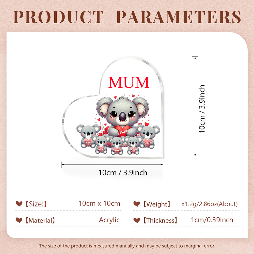 Personalised Acrylic Heart Keepsake Custom 1 Text & 5 Names Ornament Koala Family Gifts for Mother/Grandma-Jessemade AU