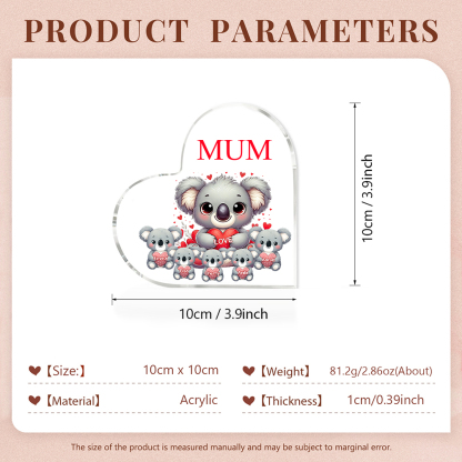 Personalised Acrylic Heart Keepsake Custom 1 Text & 5 Names Ornament Koala Family Gifts for Mother/Grandma-Jessemade AU
