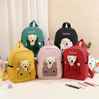 Personalised Bear School Bag Custom Name Canvas Backpack Back To School Gift for Kids-Jessemade AU