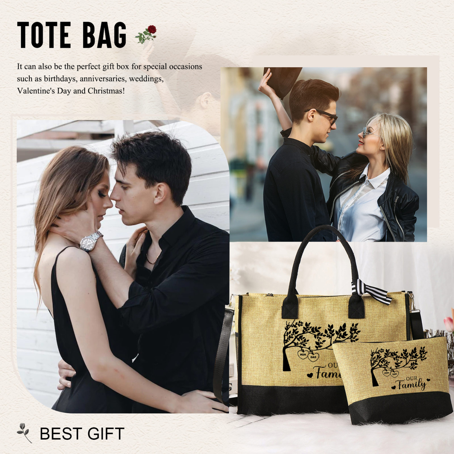 Personalised Family Tree Tote Bag Set Custom 2 Names & 1 Text Handbag Large Capacity Shoulder Bag Shopping Bag Zipper Bag Gift for Mother/Grandma-Jessemade AU