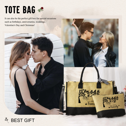 Personalised Family Tree Tote Bag Set Custom 2 Names & 1 Text Handbag Large Capacity Shoulder Bag Shopping Bag Zipper Bag Gift for Mother/Grandma-Jessemade AU