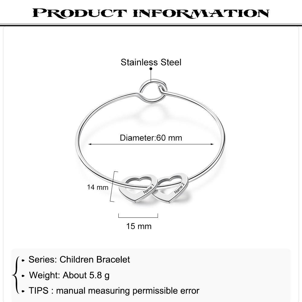 Children Bangle Bracelet with 2 Heart Pendants Engraved 2 Names Gifts-Jessemade AU