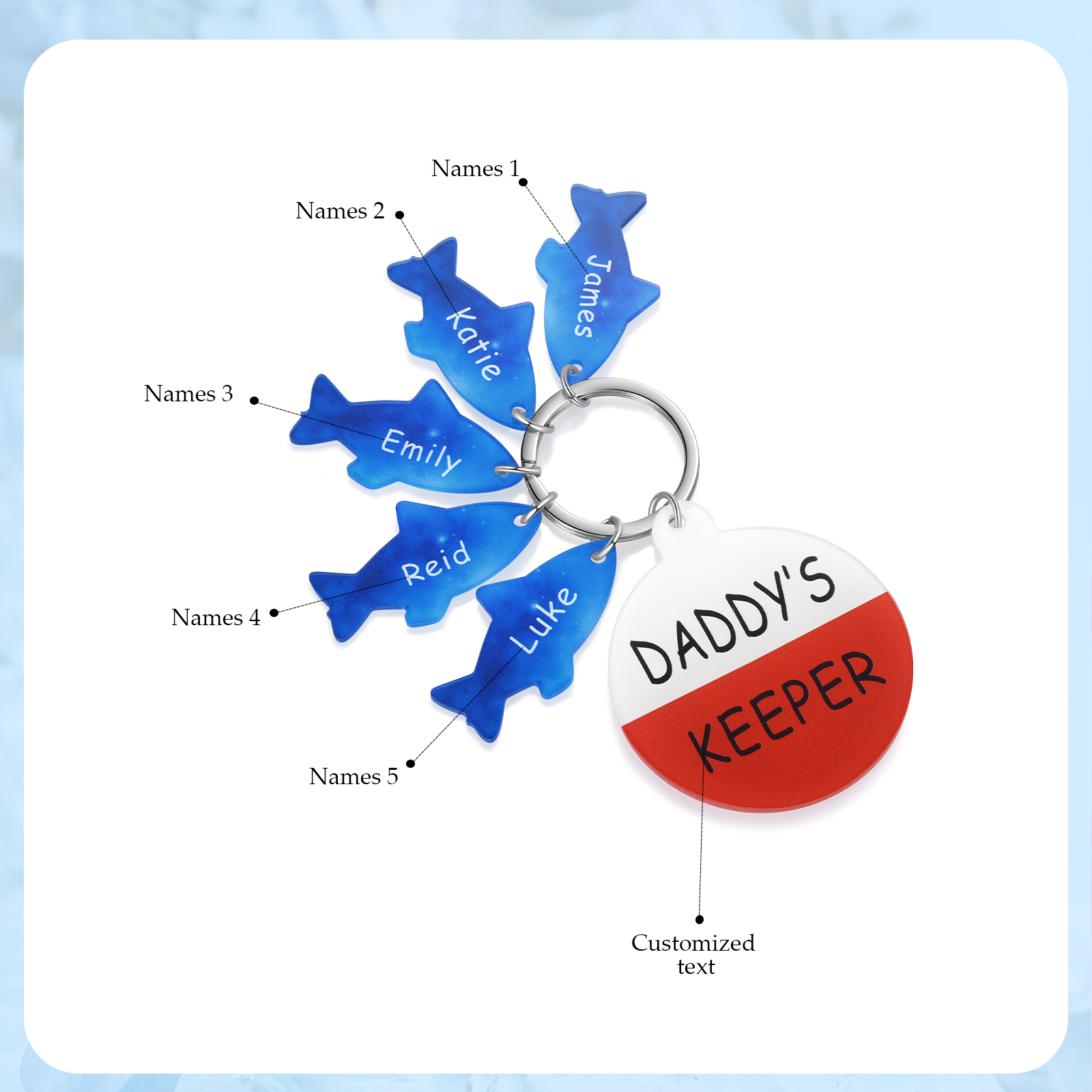Personalised 5 Names & 1 Text Fishes Keychain Engraved Kids Names Acrylic Keychain Gifts for Grandpa/Daddy-Jessemade AU