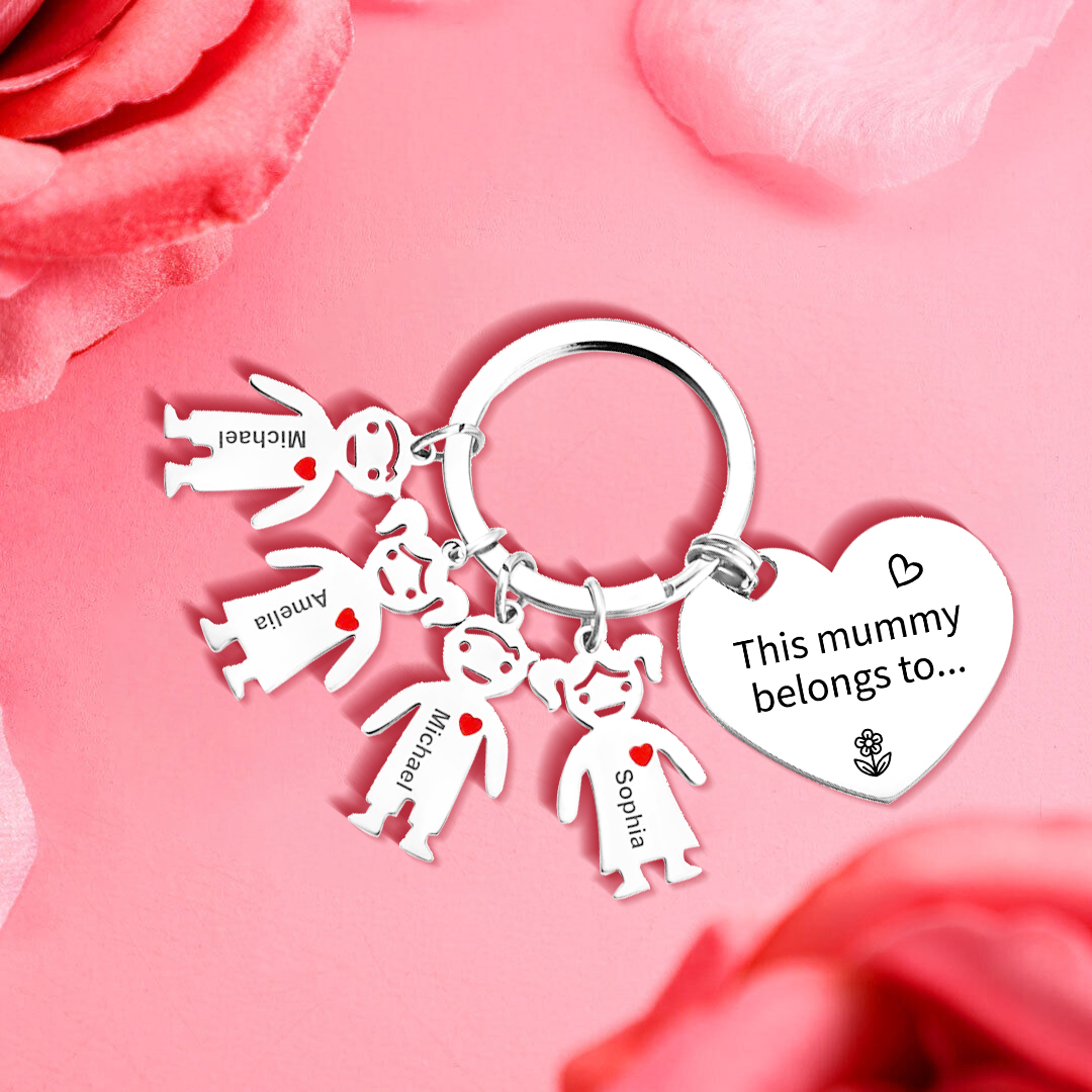 Personalised Heart Keychain With Engraved 4 Kid's Names Charms "This Mummy Belongs to" Mother's Day Gifts For Mum-Jessemade AU
