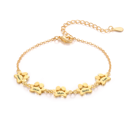 Pet Paw Custom 5 Names Bracelet Gold Adjustable Bracelet Dog Cat Paw Personalised Birthday Gift for Her-Jessemade AU