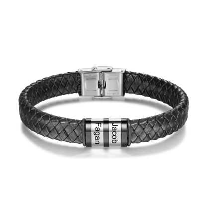 Men Leather Braided Bracelet Personalised with 2 Names Black-Jessemade AU
