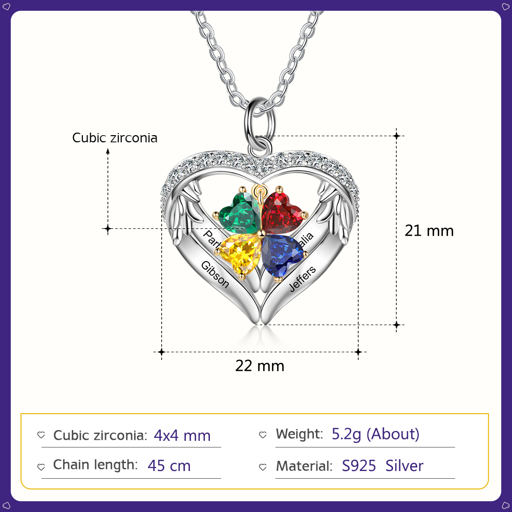 Personalised Wings Necklace With 4 Heart Birthstones Engraved Names Gift For Women-Jessemade AU