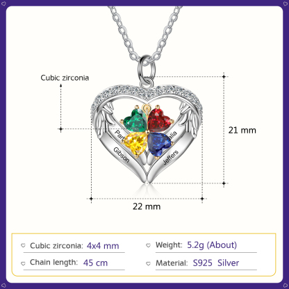 Personalised Wings Necklace With 4 Heart Birthstones Engraved Names Gift For Women-Jessemade AU