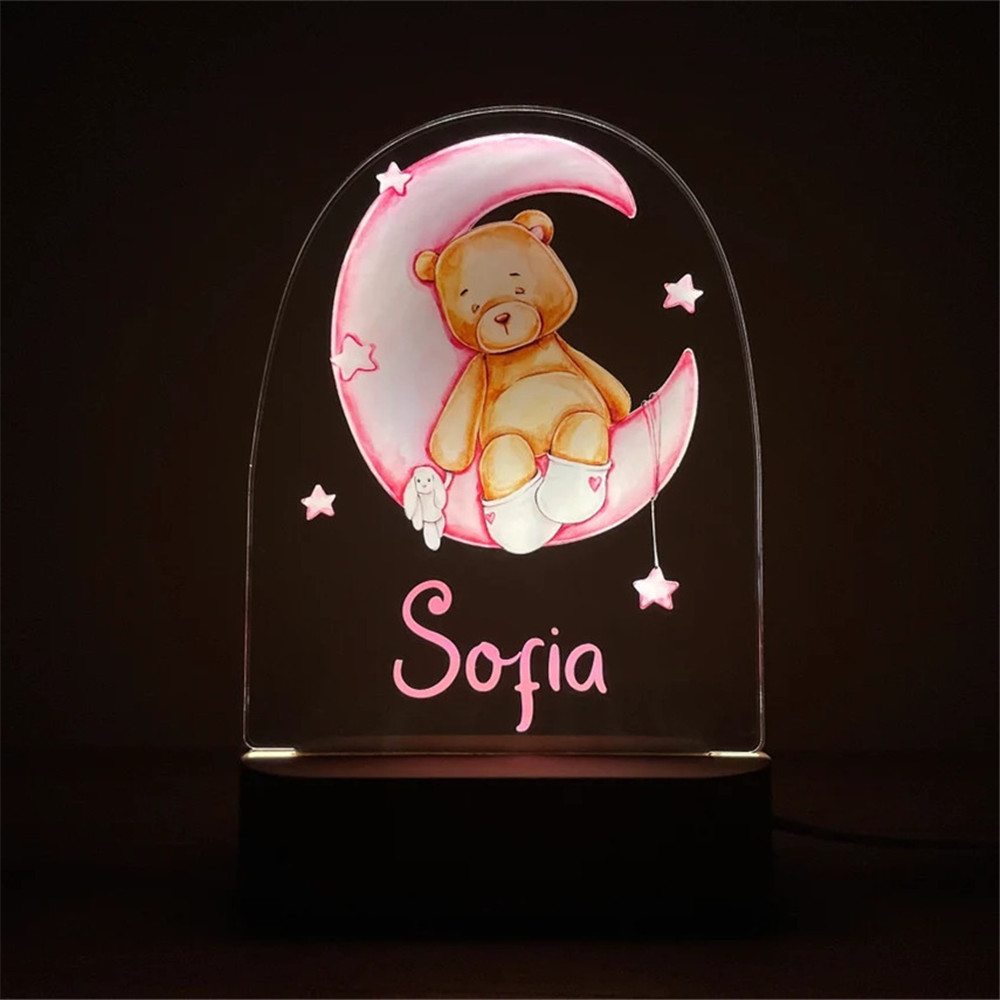 Personalised Bear and Moon Night Light Custom Name LED Lamp Baby Gift for Kids-Jessemade AU