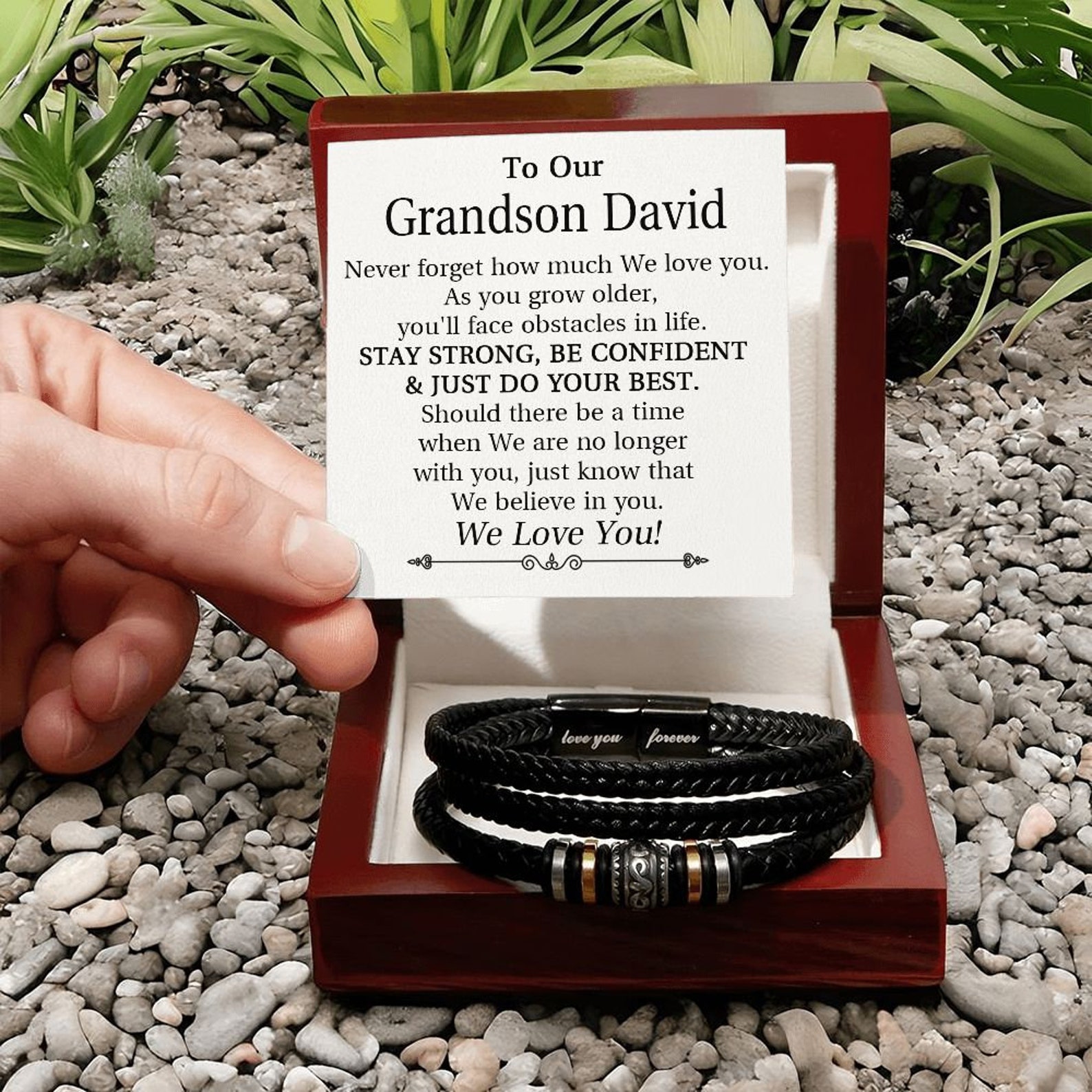 To Our Grandson Bracelet Personalised Text Message Card Braided Leather Bracelet Gift for Son - Never Forget How Much We Love You-Jessemade AU