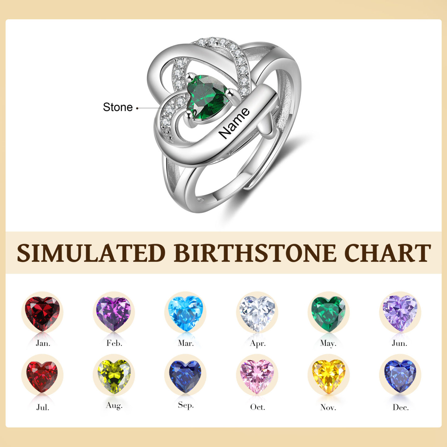 Personalised Heart Birthstone Ring Customised Name Open Ring Gift for Women Girls-Jessemade AU