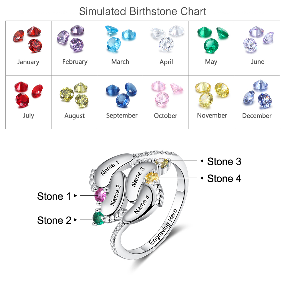 Personalised Baby Foot Ring With 4 Birthstones Engraved Names Ring Gift For Women-Jessemade AU
