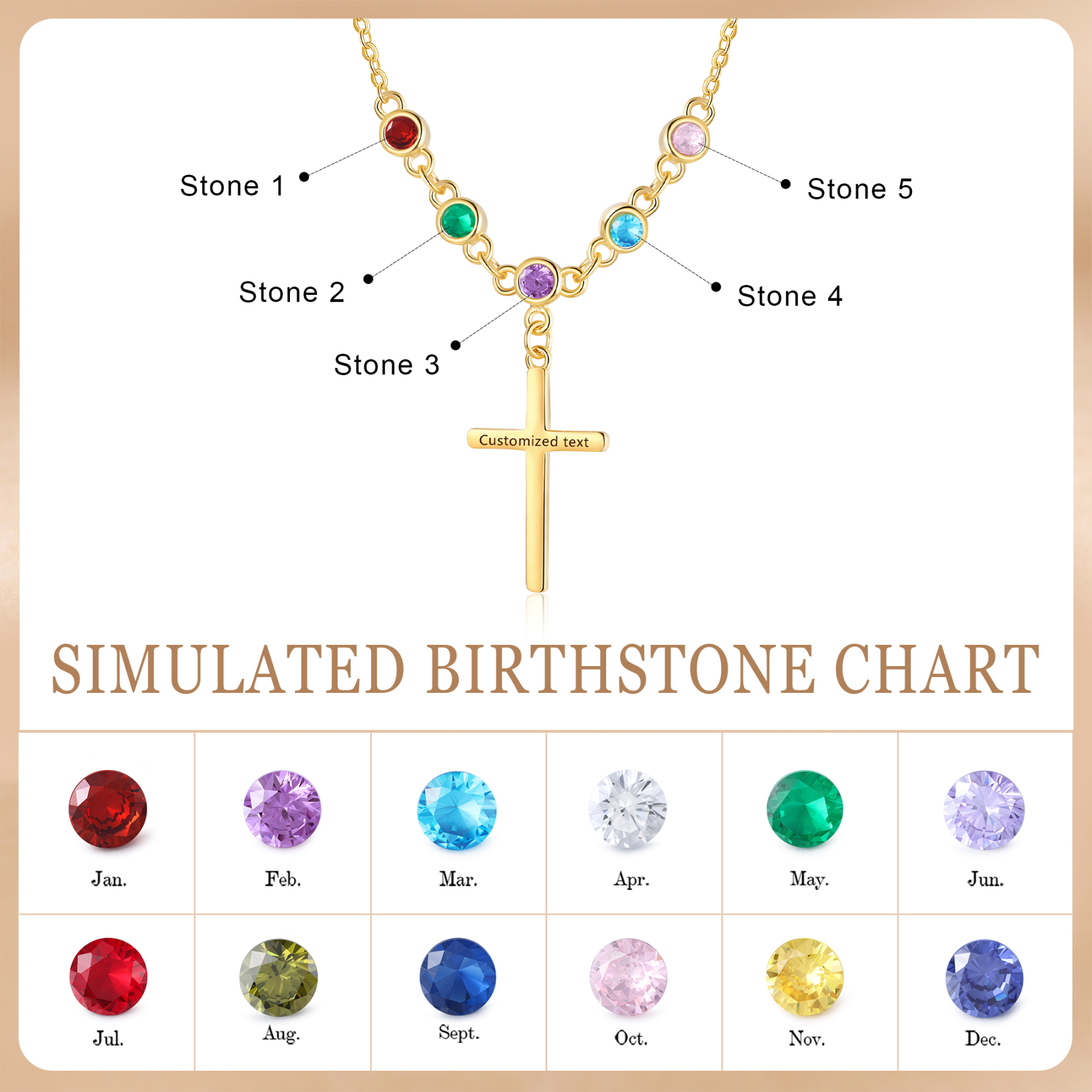 Personalised Cross Pendant Necklace Custom 5 Birthstones & 1 Text Necklace Birthday Gift for Her-Jessemade AU
