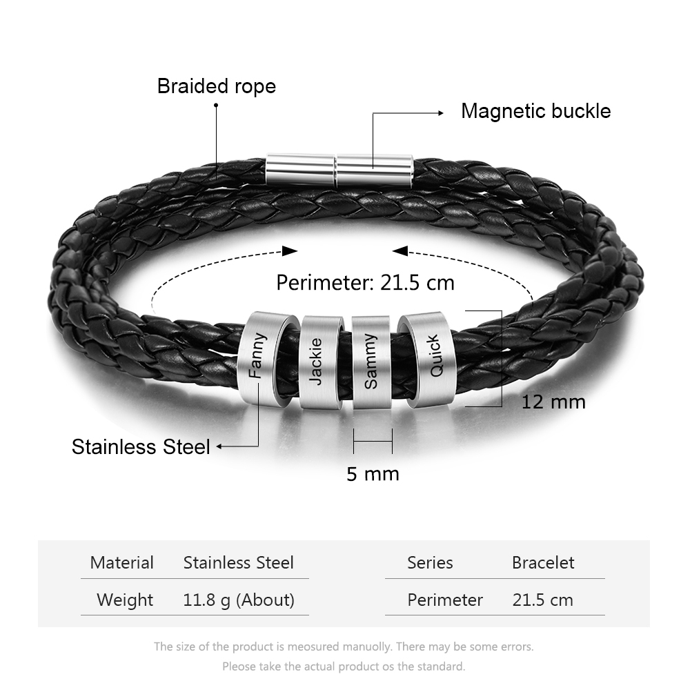 Braided Leather Personalised Name 4 Beads Men's Bracelets Gifts For Him Best Gift For Dad-Jessemade AU