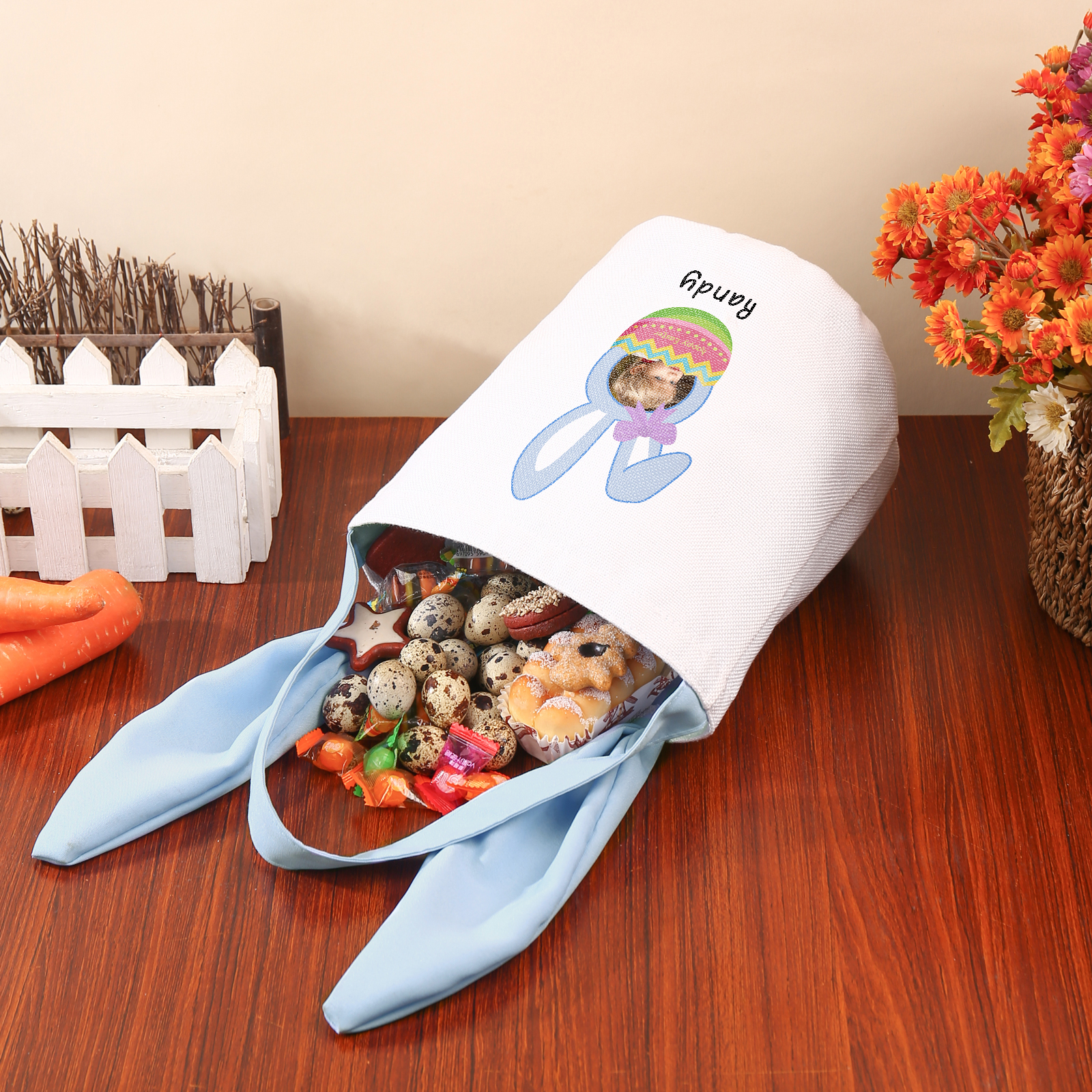 Bunny Tote Bag Personalised Photo Bucket Bag Custom Name & Text Bunny Basket Easter Gifts-Jessemade AU