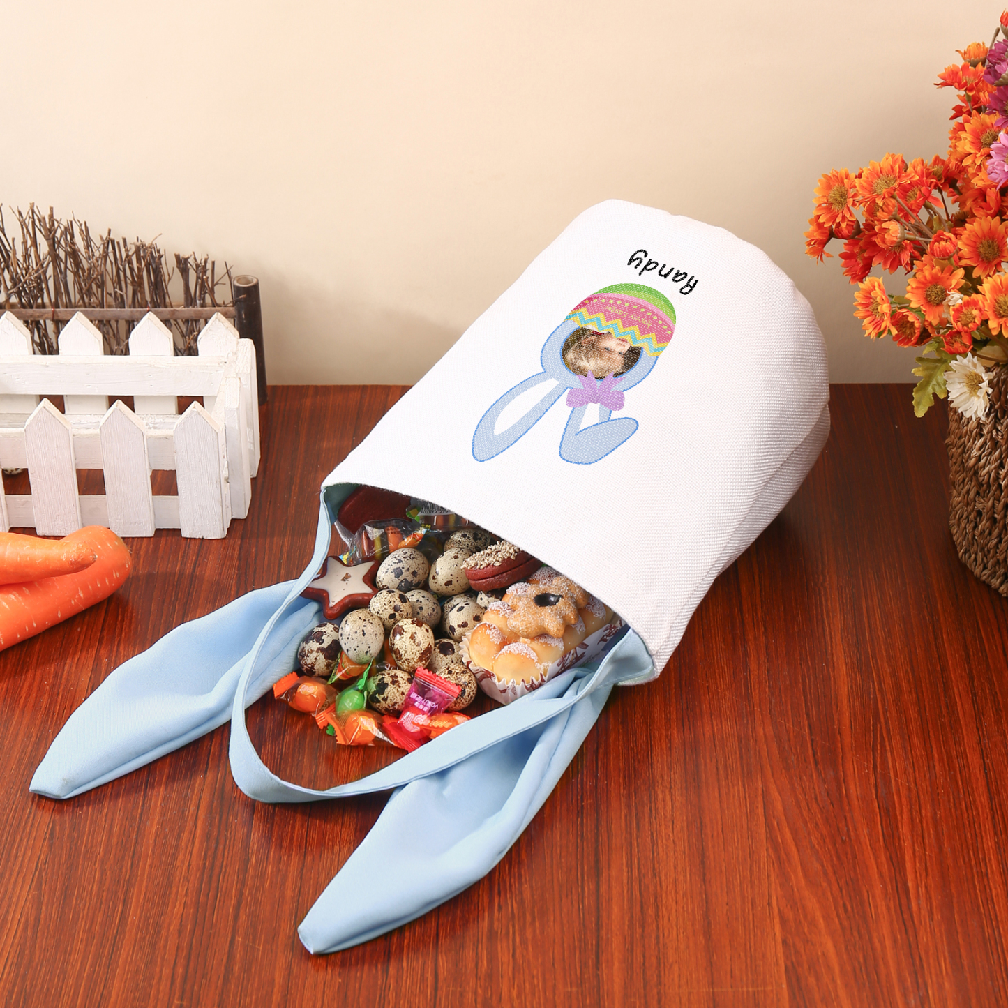Bunny Tote Bag Personalised Photo Bucket Bag Custom Name & Text Bunny Basket Easter Gifts-Jessemade AU