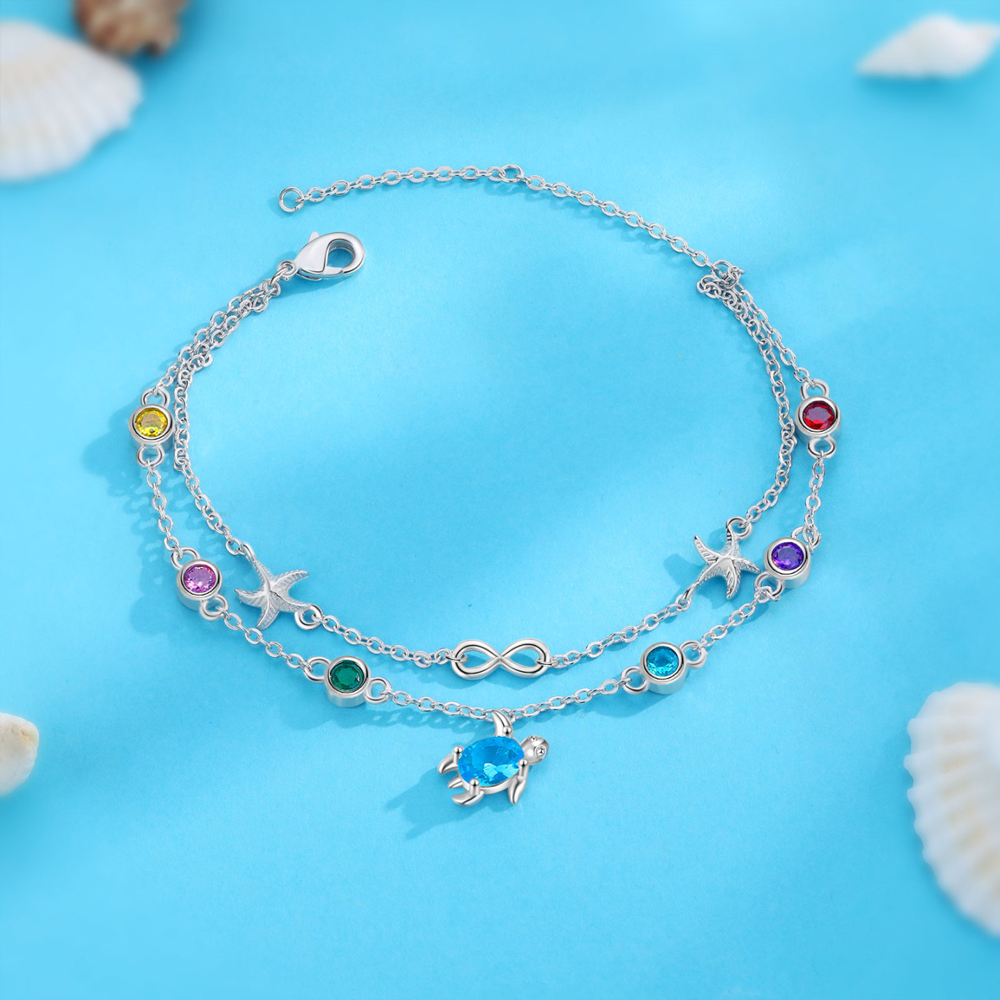 Personalised Women's Bracelet Custom 6 Birthstones Bracelet Sea Turtle Adjustable Bracelet Birthday Gift for Her-Jessemade AU