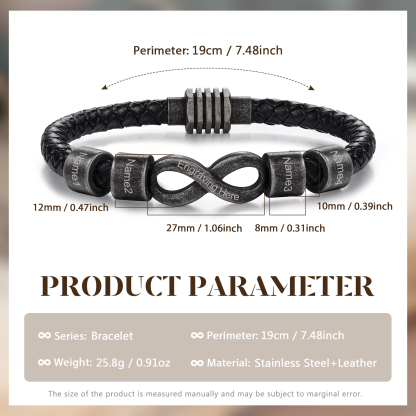 4 Names - Vintage Men's Leather Bracelet Custom Text Beads Bracelet Infinity Bracelet Valentine's Day Personalised Gift for Him-Jessemade AU