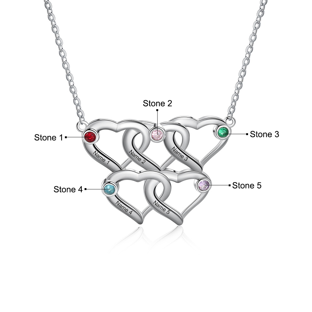 Personalised Heart Necklace With 5 Birthstones Engraved Names Gift For Her-Jessemade AU
