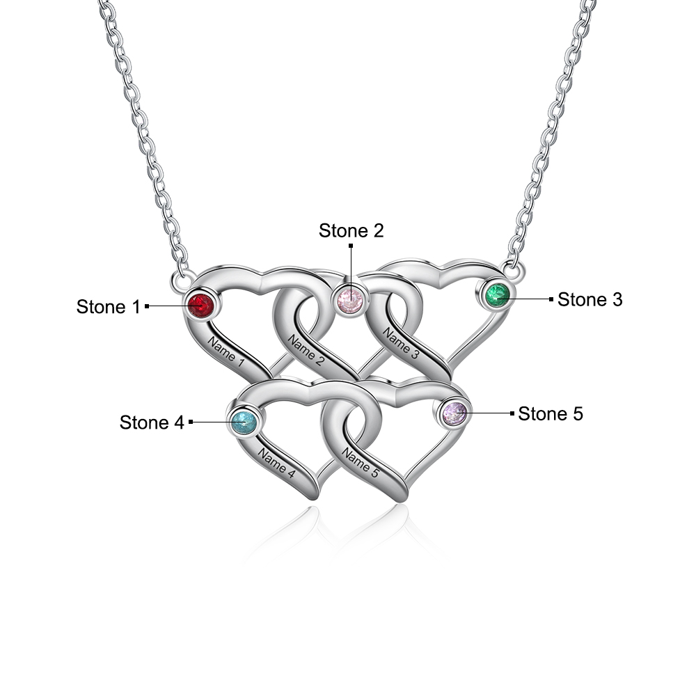 Personalised Heart Necklace With 5 Birthstones Engraved Names Necklace Gift For Women-Jessemade AU