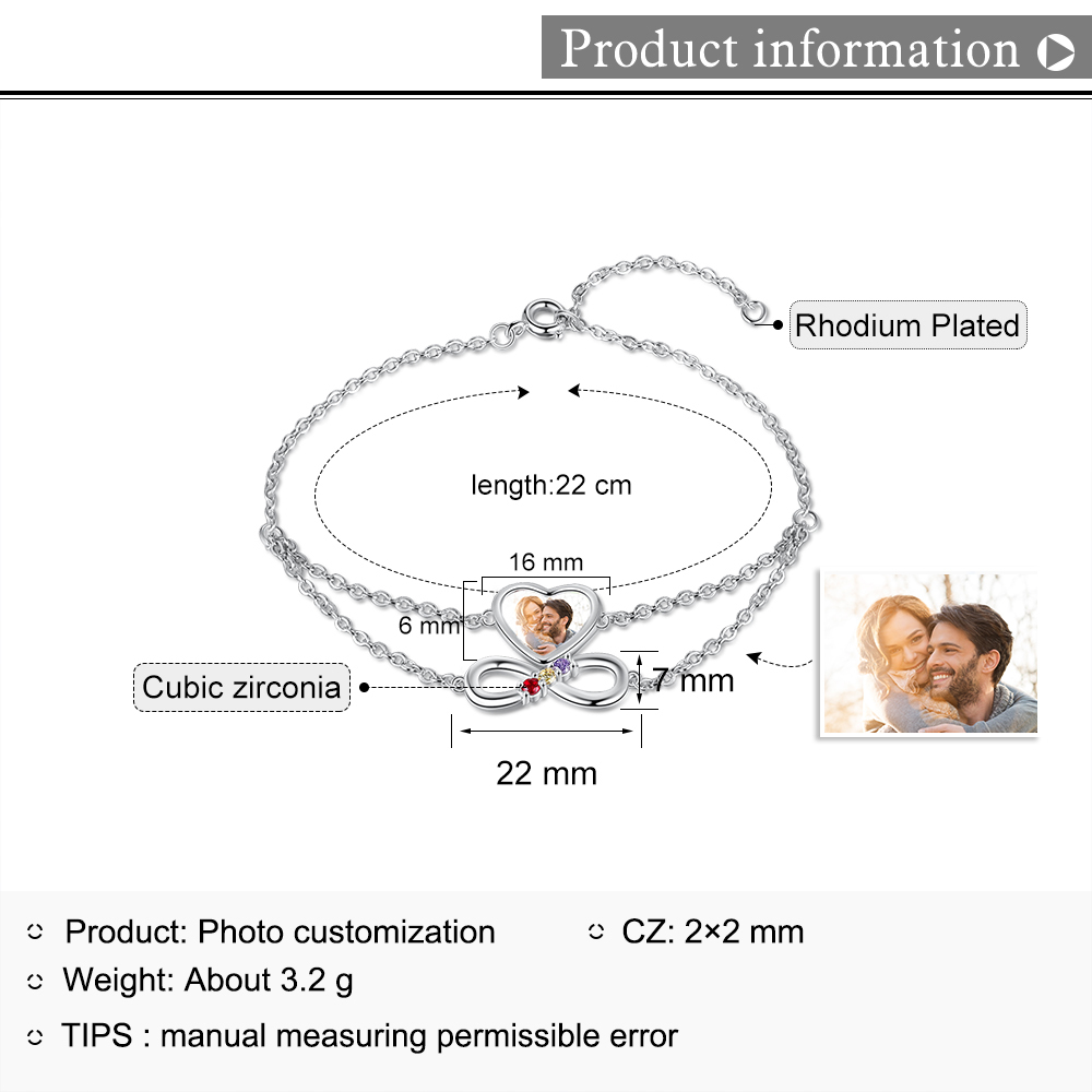 Personalised Heart Photo Bracelet With 3 Birthstones Custom Photo Bracelet Gifts For Her-Jessemade AU