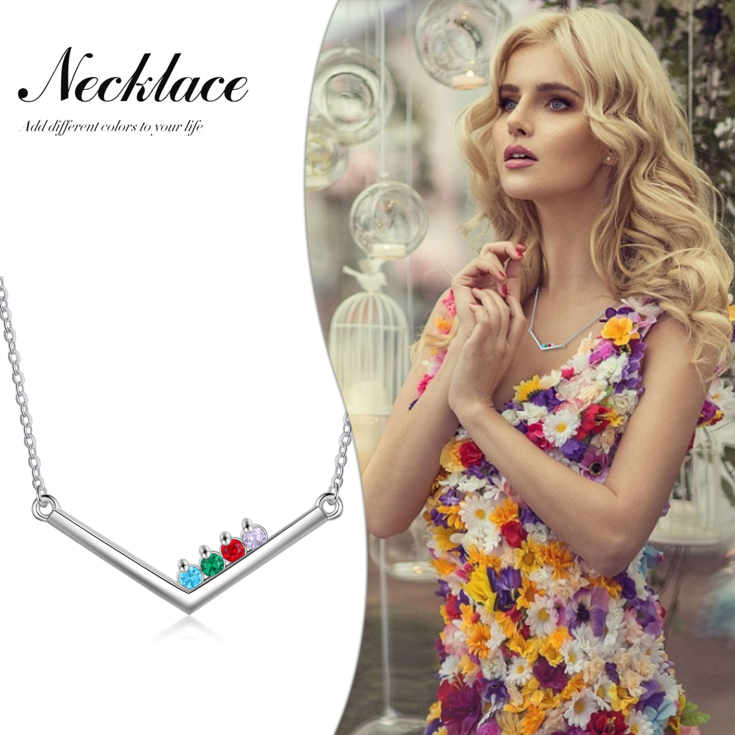 V Shape Necklace with Family Birthstone Personalised 4 Stones Family Necklace For Her-Jessemade AU