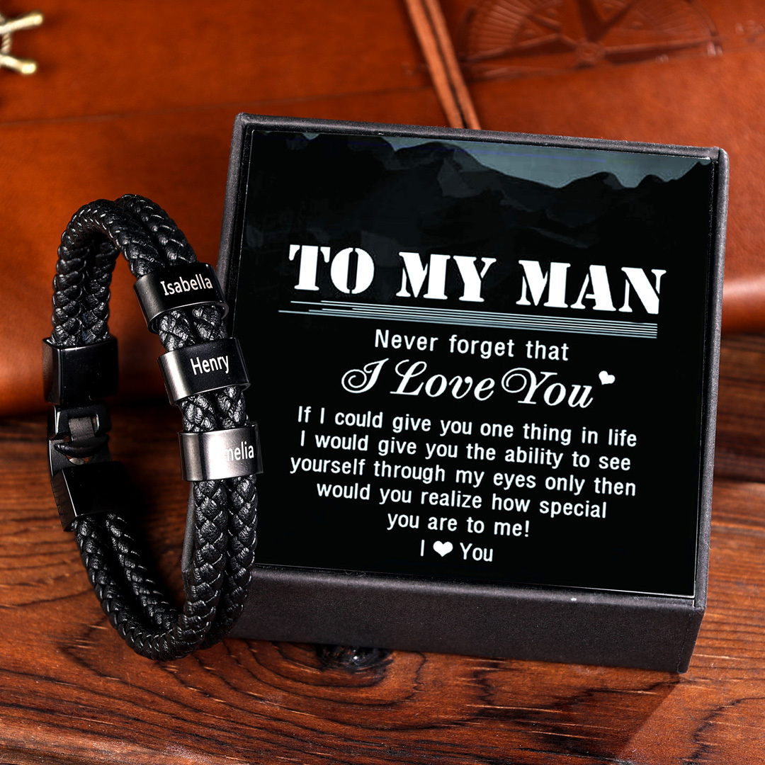 Personalised Braided Leather Bracelet Engraved 3 Names Men's Bracelet for Him-Jessemade AU