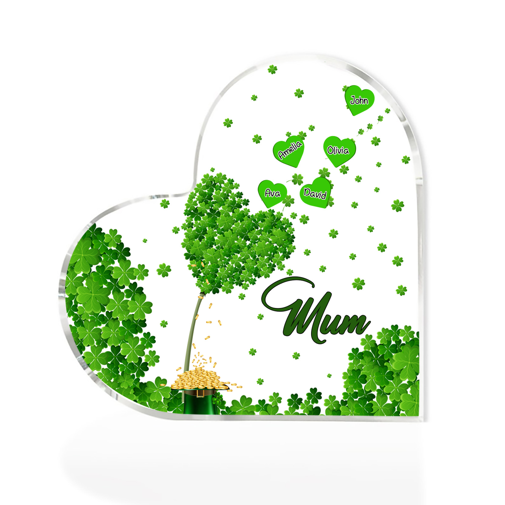 5 Names - Personalised Acrylic Heart Keepsake Custom Text Four-Leaf Clover Ornament Gift for Mother/Grandma-Jessemade AU