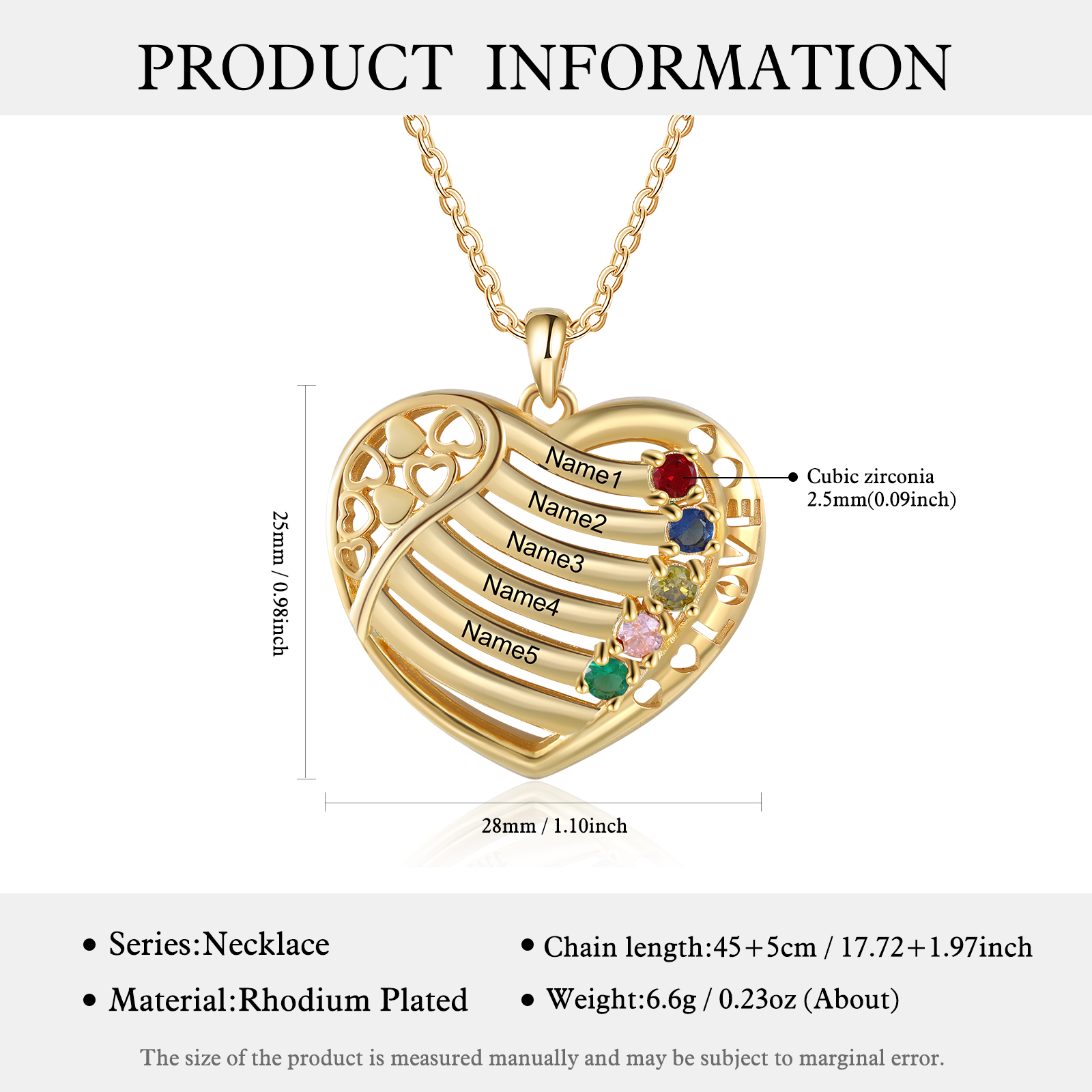 LOVE Heart Necklace Custom 5 Names & Birthstones Family Necklace Gifts For Her-Jessemade AU