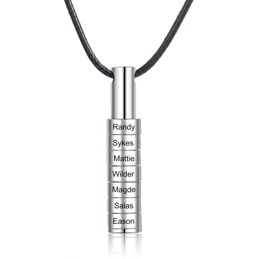 Personalised Vertical Cylinder Pendant Necklace with Beads Engraved 7 Names Men's Necklace for Him-Jessemade AU