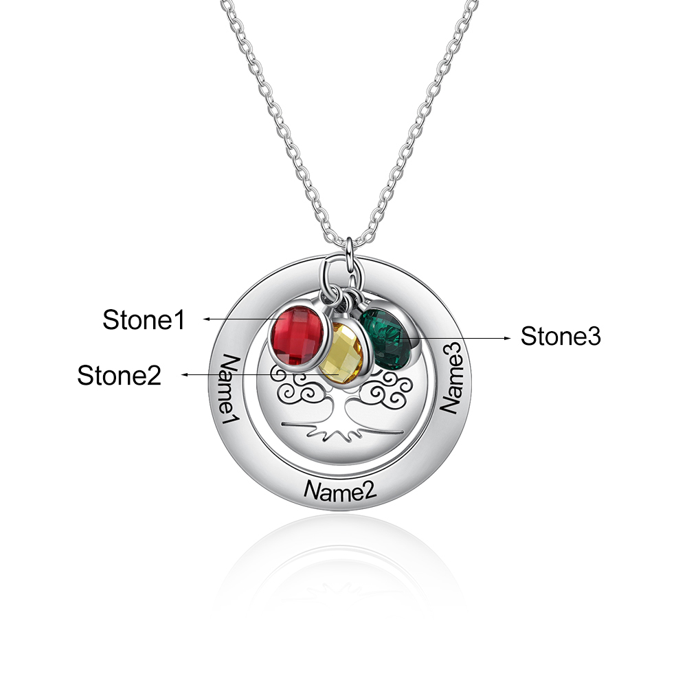 Personalised Family Tree Necklace with 3 Birthstones Engraved Names Gift For Women-Jessemade AU