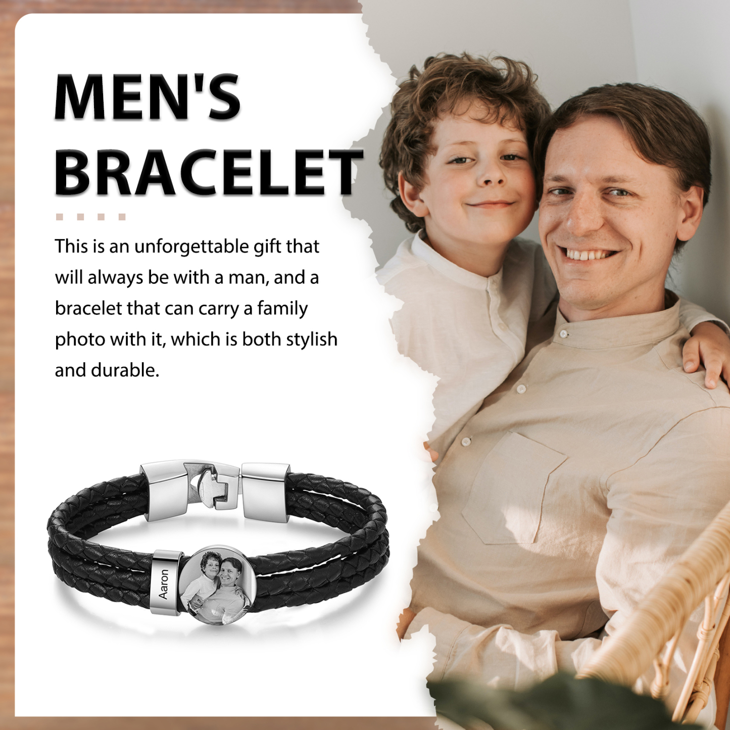 Personalised Men's Leather Bracelet Custom 1 Name & 1 Photo Braided Bracelet Father's Day Gifts for Him-Jessemade AU