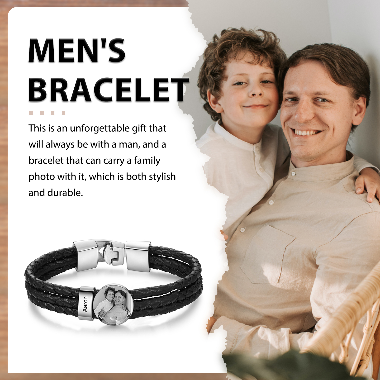Personalised Men's Leather Bracelet Custom 1 Name & 1 Photo Braided Bracelet Father's Day Gifts for Him-Jessemade AU