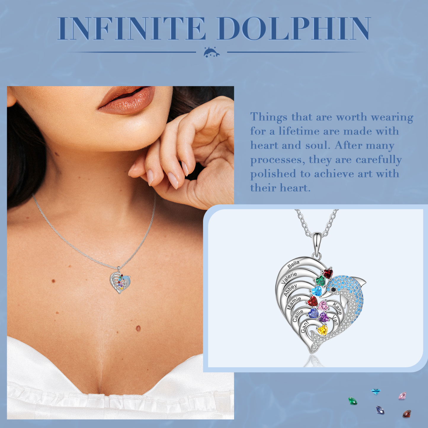Personalised Heart Dolphin Necklace With 8 Birthstones Engraved Names Necklace Gift For Her-Jessemade AU