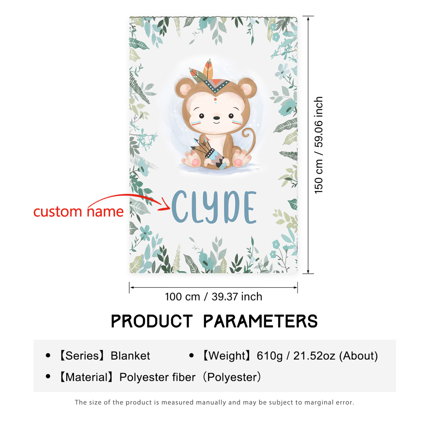 Personalised Monkey Blanket Custom Name Cute Cartoon Blanket-Jessemade AU