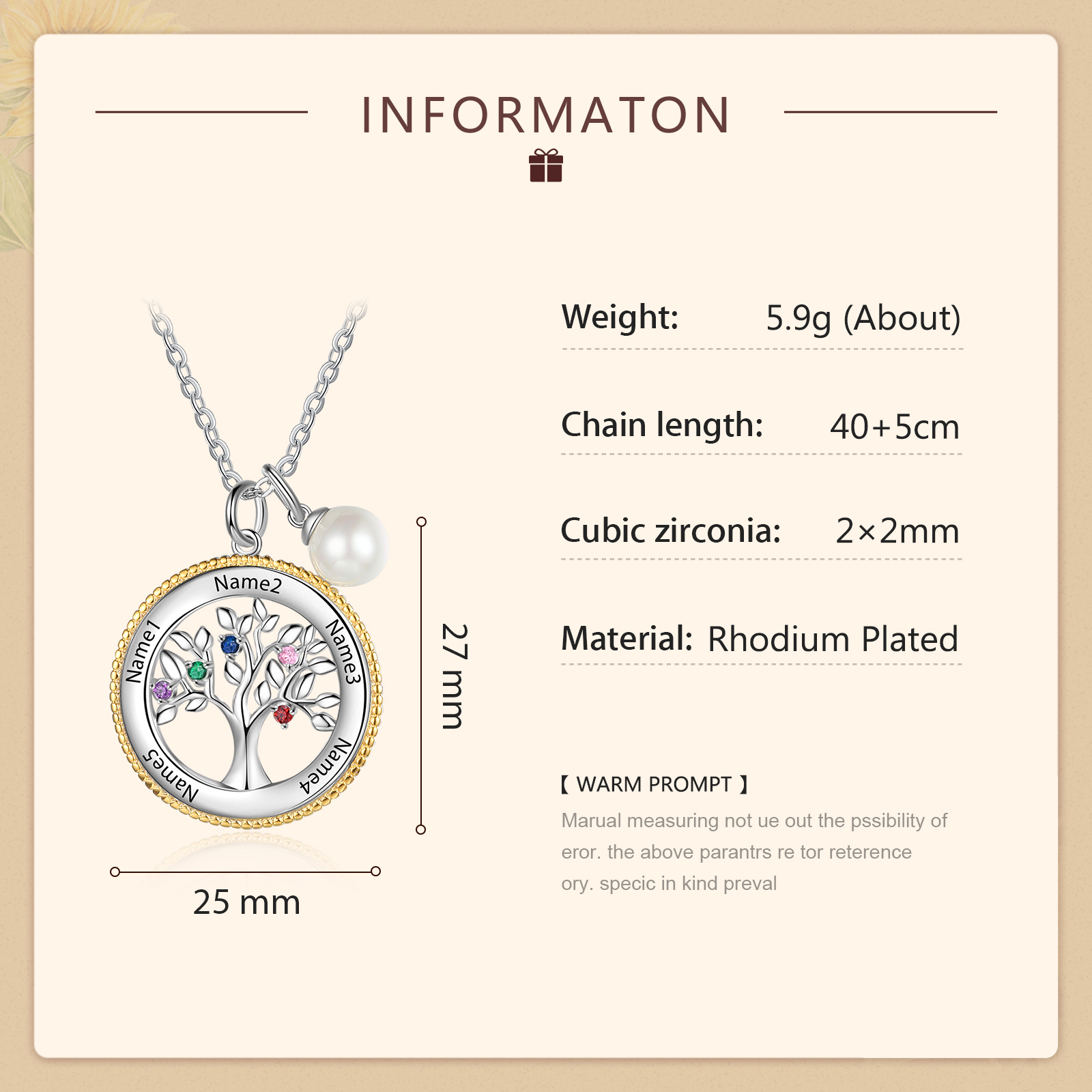 Personalised Family Tree Necklace With 5 Birthstones Engraved Names Necklace Gift For Women-Jessemade AU