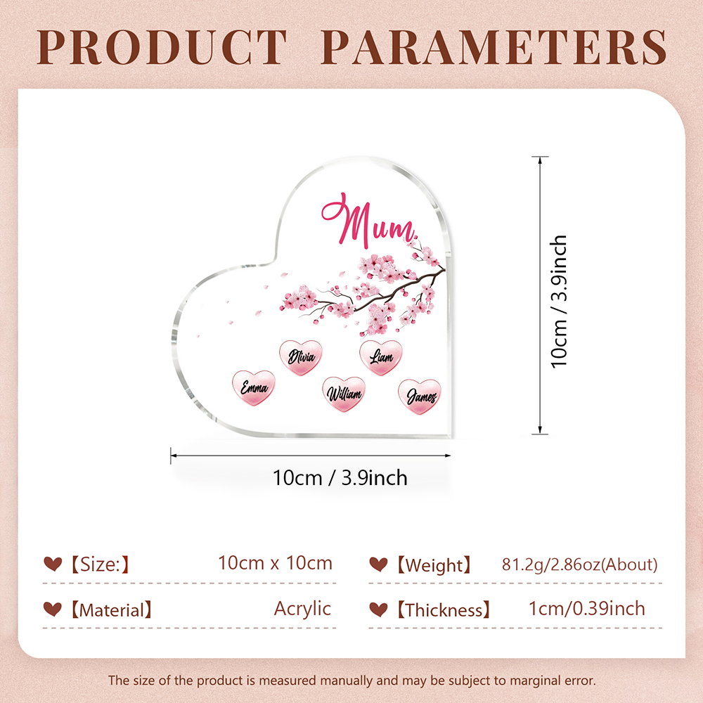 5 Names - Personalised Acrylic Heart Keepsake Custom Text Peach Blossom Ornaments Gifts for Grandma/Mother-Jessemade AU