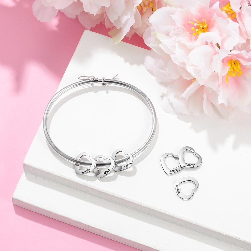 Bangle Bracelet Personalised with 6 Heart Shape Pendant Engraved 6 Names-Jessemade AU