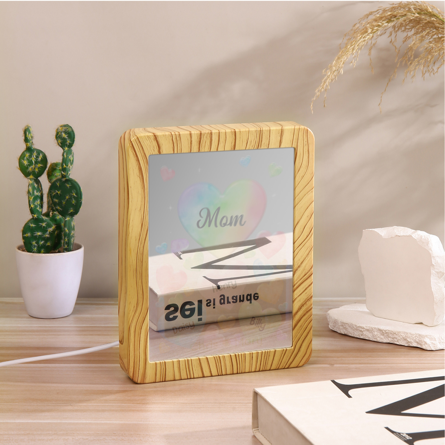 Personalised Night Light Mirror Frame Custom 1 Text & 3 Names Colourful Hearts Family LED Lamp Gift for Grandma/Mother-Jessemade AU