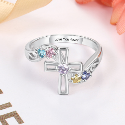 S925 Silver Ring Personalised 5 Birthstones Cross Ring With Names Gifts For Her-Jessemade AU