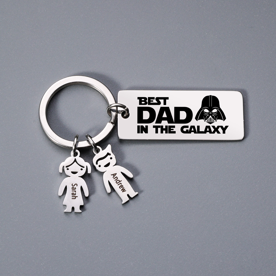 Personalised Best Dad in The Galaxy Keychain with 2 Kid Charms Father's Day Gift-Jessemade AU