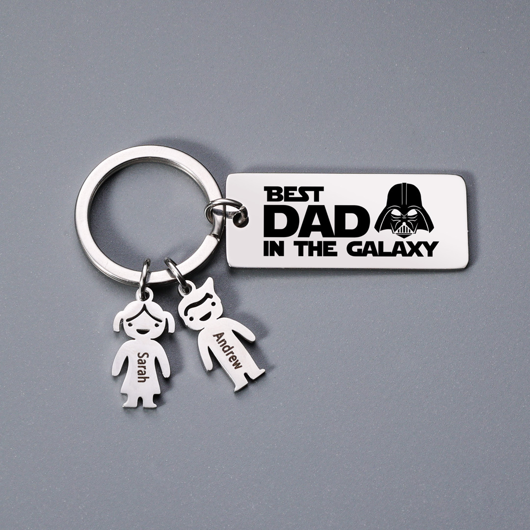 Personalised Best Dad in The Galaxy Keychain with 2 Kid Charms Father's Day Gift-Jessemade AU