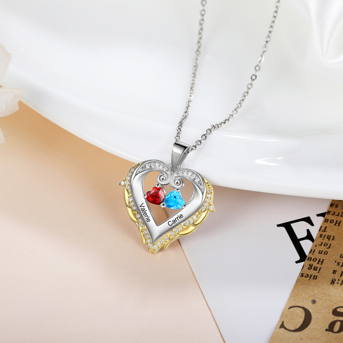 Personalised Heart Wings Necklace With 2 Birthstones Custom Names Gift For Her-Jessemade AU