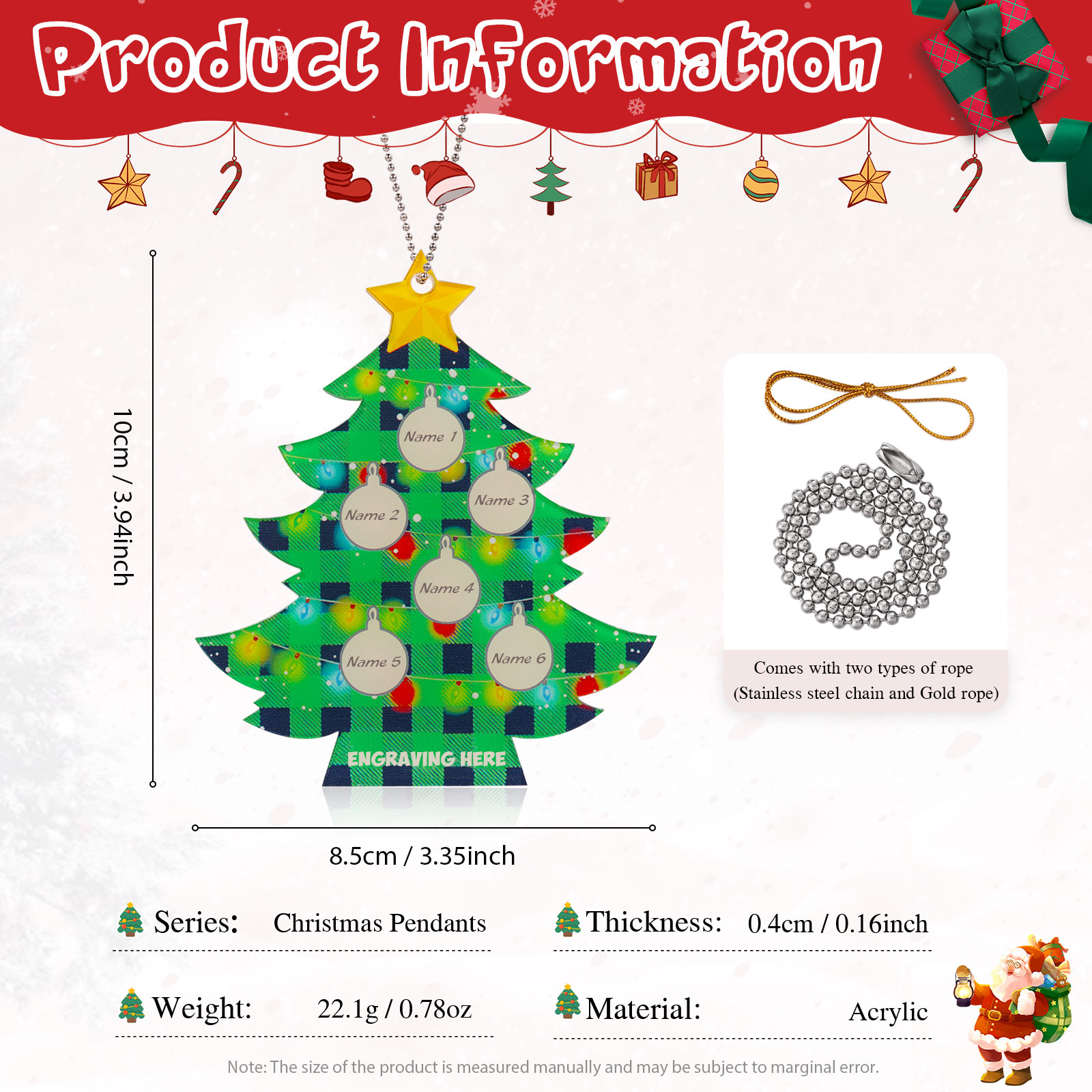 6 Names - Personalised Acrylic Christmas Tree Ornaments Customised Text & Name Xmas Pendant Gifts for Family Friends-Jessemade AU