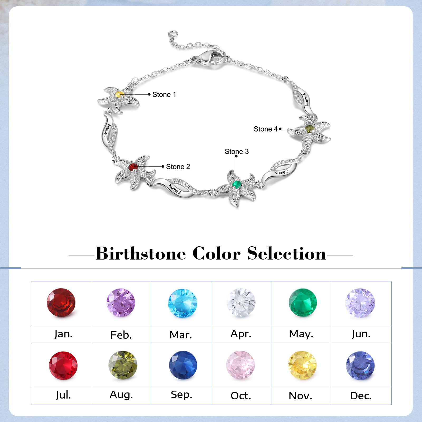 Personalised Women's Bracelet Custom 4 Birthstones Bracelet Starfish Adjustable Bracelet Mother's Day Gift for Her-Jessemade AU