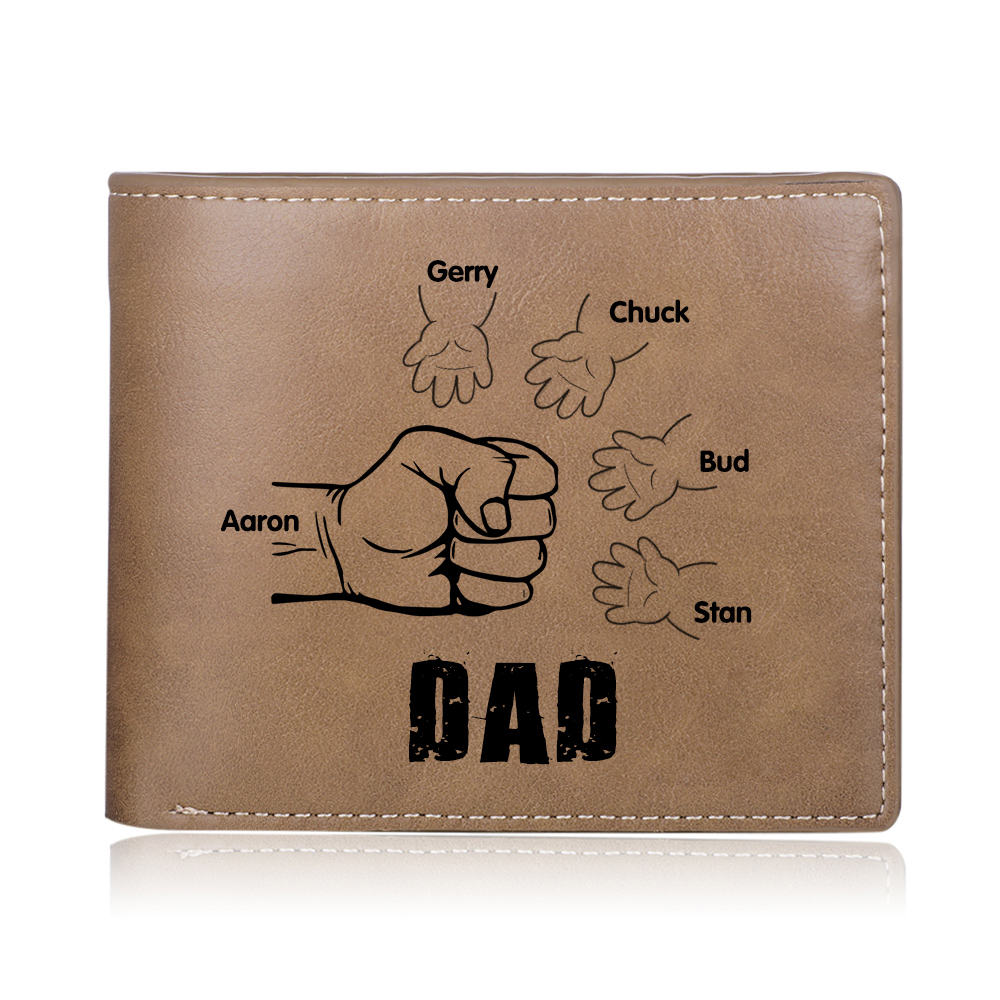 5 Names - Personalised Men Leather Wallet Engraved Names Brown Wallet Fist Bump Folding Wallet Gift For Dad-Jessemade AU