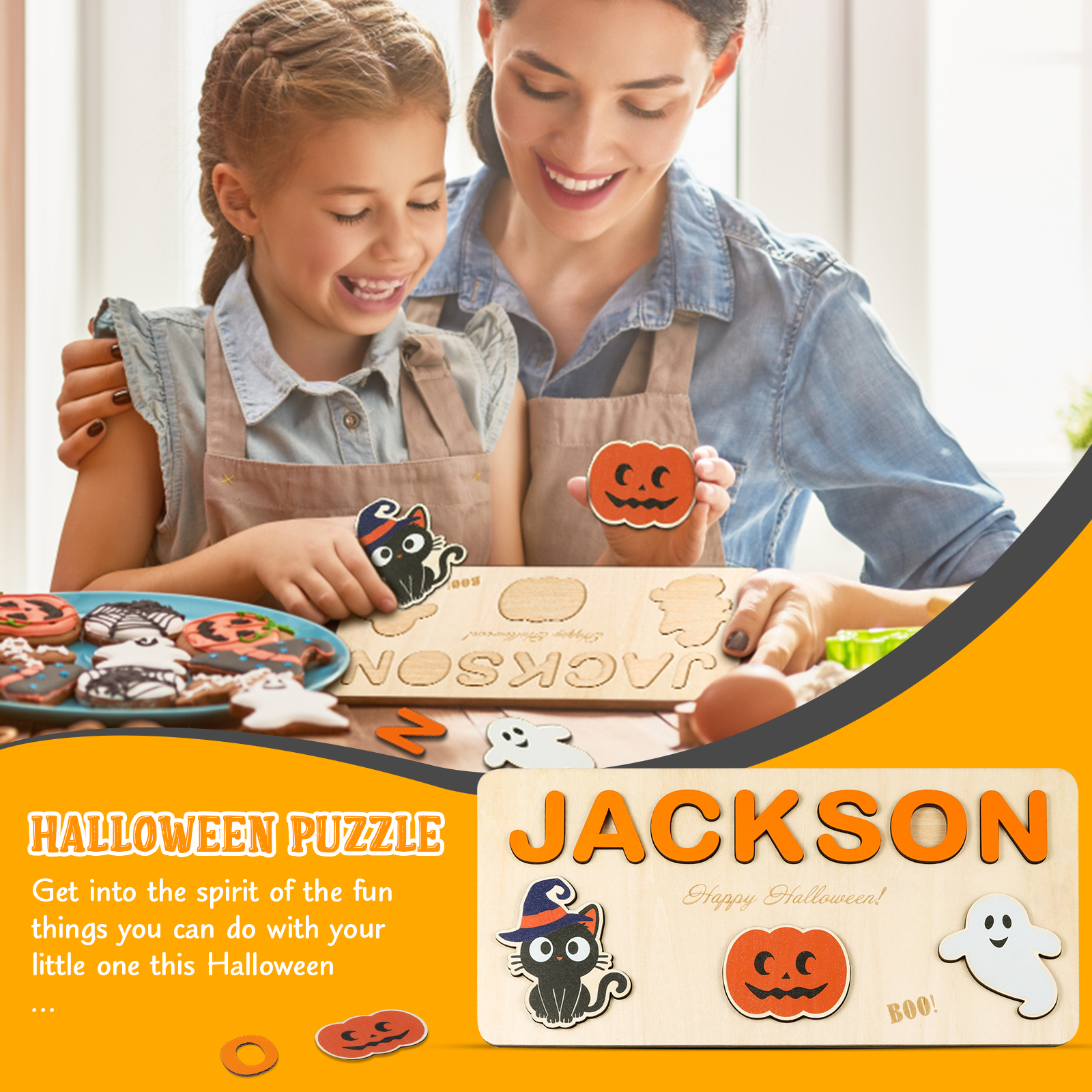 Halloween Kid's Wooden Name Alphabet Puzzle Custom Name Toy for Toddlers Early Learning-Jessemade AU