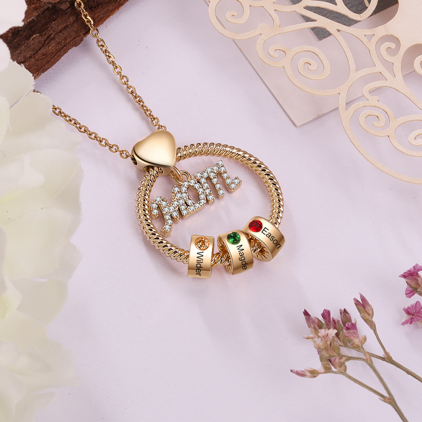 Personalised Necklace With 3 Birthstones Engraved Names Gift For Mother-Jessemade AU