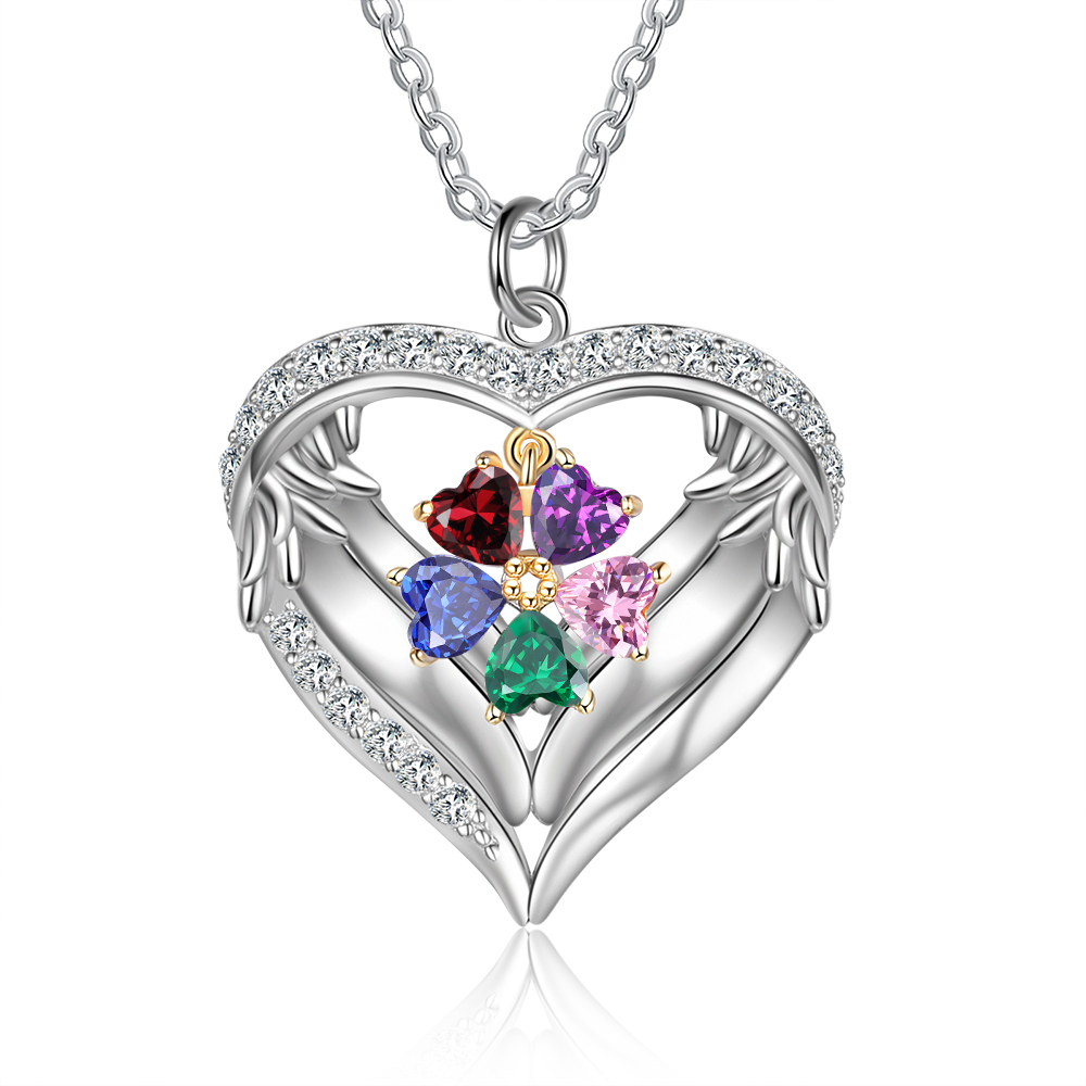 Personalised Wings Necklace With 5 Heart Birthstones Engraved Names Gift For Women-Jessemade AU