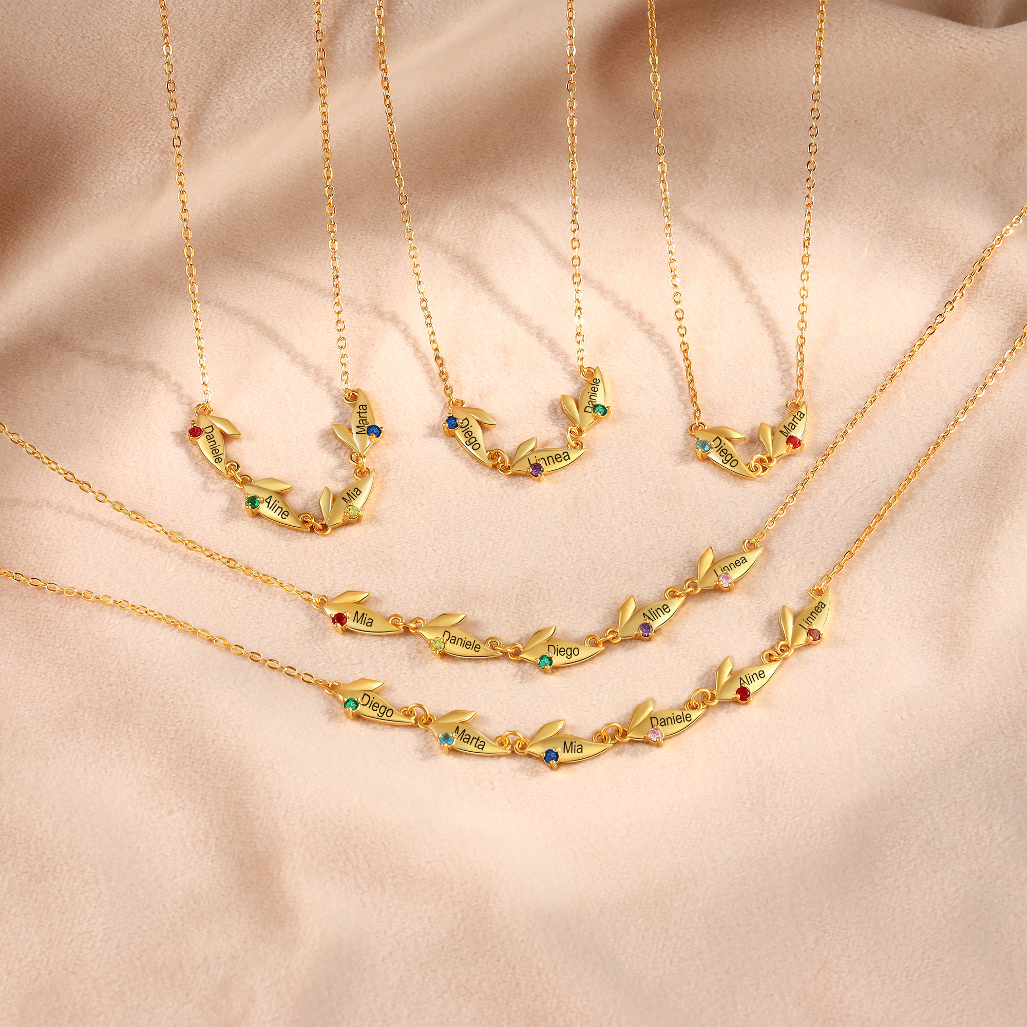 Personalised Leaves Pendant Necklace Custom 2 Names & 2 Birthstones Necklace Gifts for Her-Jessemade AU